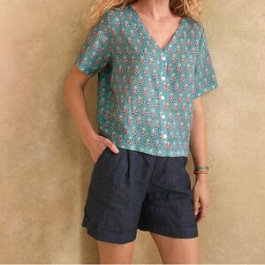 Garnet Hill Women's Gabby Button-Front 100% Linen Top Size M Teal Floral Geo